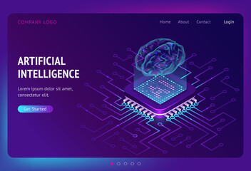 Artificial intelligence isometric landing page, ai technologies, glowing human brain levitate on antigravity platform with microcircuits on neon glowing futuristic background, 3d vector web banner - obrazy, fototapety, plakaty