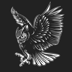 Owl silhouette background and moon.Hand drawn logo vector illustration.Print design for t-shirts.Retro old style.