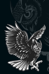 Obraz premium Owl silhouette background and moon.Hand drawn logo vector illustration.Print design for t-shirts.Retro old style.