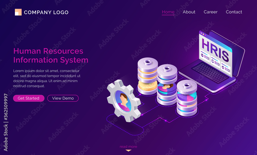 Poster hris isometric landing page. human resources information system, it and hr mixed technologies, compu
