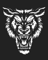 Plakat Wolf face vector illustration. Angry wolf face with open mouth showing canine. Angry dog emblem.