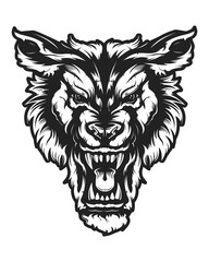 Wolf face vector illustration. Angry wolf face with open mouth showing canine. Angry dog emblem.