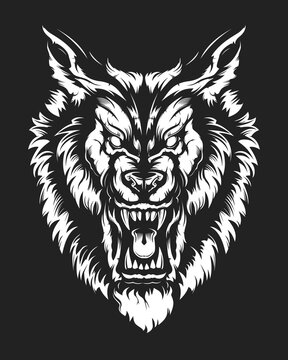 Wolf face vector illustration. Angry wolf face with open mouth showing canine. Angry dog emblem.
