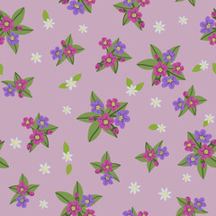 Fototapeta na wymiar Forest vector seamless pattern in the kind of flowers. Lilac and purple flowers of the Lungwort and small white flowers and green leaves. Printing with in hand drawn style on a light lilac background