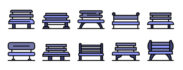 Park bench icons set. Outline set of park bench vector icons thin line color flat on white