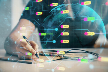 Multi exposure of woman's writing hand on background with data technology hud. Concept of...