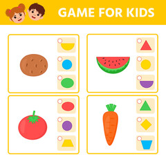 Educational worksheet for children. Game for Kids. Match of geometric figures and objects. Triangle, square, circle, rectangle. Worksheet for kids learning forms. Logic puzzle game