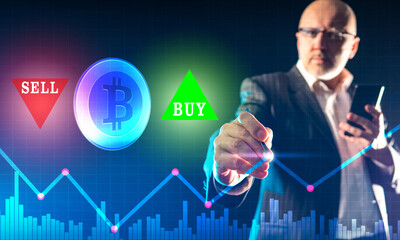 Buying and selling bitcoins. The cryptocurrency market. Investment in cryptocurrency. A man tracks the dynamics of bitcoin exchange rates. Arrows with Buy and Sell labels next to the bitcoin logo.