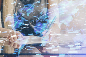 Fototapeta premium Double exposure of woman's writing hand on background with data technology hud. Big data concept.