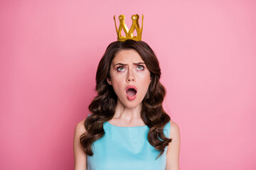 Photo of charming shocked lady festive event prom party look up head golden crown unexpected queen nomination status wear blue teal dress isolated pastel pink color background