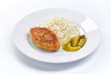 cutlet with rice on white plate