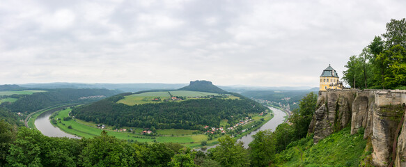 Obraz premium Panoramic view at the Elbe river from the Fortress Koenigstein in Saxony, Germany