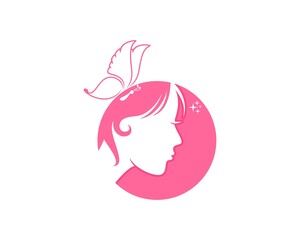 Woman face inside the circle with butterfly on top