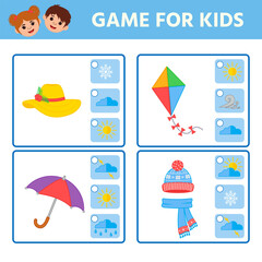 Educational worksheet for children. Game for Kids. Find matching item. weather. Activity  Worksheet for kids learning forms. Logic puzzle game. Vector illustration