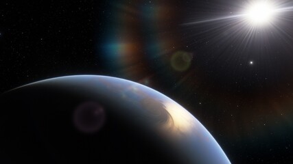 science fiction wallpaper, cosmic landscape, realistic exoplanet, beautiful alien planet in far space, detailed planet surface 3d render