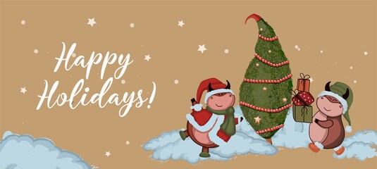 Christmas kraft paper card, hand drawn style. Vector illustration of the year of the bull 2021. Happy holidays