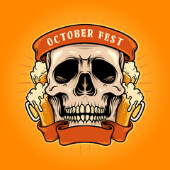 October Fest Skull With Ribbon Illustrations for merchandise T-shirt  and Sticker 