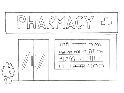 Pharmacy Exterior Store Shop Building Graphic Black White Sketch Illustration Vector