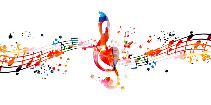 Colorful music promotional poster with G-clef and music notes isolated vector illustration. Artistic background with music staff for music festivals and shows, live concert events, party flyer design