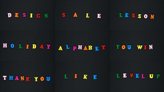 A split screen collage of a colorful words who changing color
