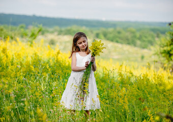 Fototapeta premium Cute little girl holding wildflower bouquet