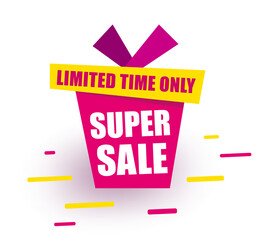 Sticker super Sale Red gift box says super sale limited time only. Discount tags. Promotion Icon Offer. colorful sale banners. Vector banner in modern flat style on white.