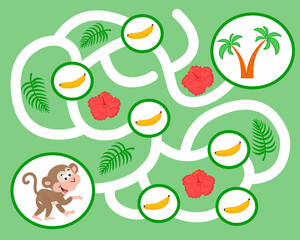 Vector maze game for preschool children. Learn count. Help the monkey pick bananas. Logic puzzle game. Activity  Worksheet for kids learning forms.