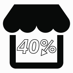 Supermarket 40% discount. Store building and percentage discount. Price drop. Sale at the supermarket. Vector icon