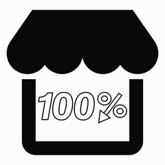 Supermarket 100% discount. Store building and percentage discount. Price drop. Sale at the supermarket. Vector icon