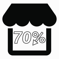 Supermarket 70% discount. Store building and percentage discount. Price drop. Sale at the supermarket. Vector icon