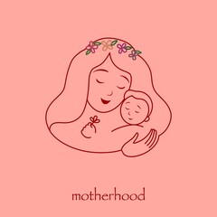 Illustration for a logo, mother with a baby in her arms. Heart shaped frame