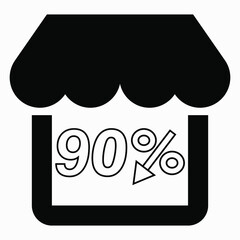 Supermarket 90% discount. Store building and percentage discount. Price drop. Sale at the supermarket. Vector icon
