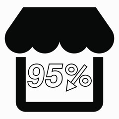 Supermarket 95% discount. Store building and percentage discount. Price drop. Sale at the supermarket. Vector icon