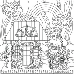 Cute kids coloring book with a house in flowers. Abstract sky with clouds and rainbows, ornament. Black outline on a white background, vector illustration.