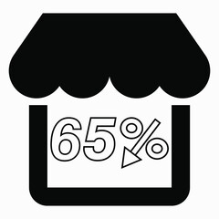 Supermarket 65% discount. Store building and percentage discount. Price drop. Sale at the supermarket. Vector icon