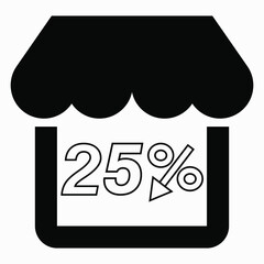 Supermarket 25% discount. Store building and percentage discount. Price drop. Sale at the supermarket. Vector icon