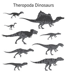 Set of theropoda dinosaurs. Monochrome vector illustration of dinosaurs isolated on white background. Side view. Theropods. Proportional dimensions. Element for your desing, blog, journal.