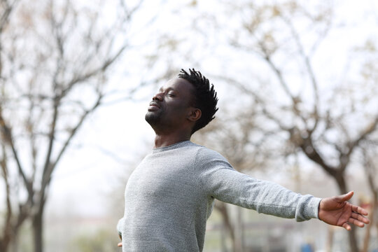 Satisfied black man breathing fresh air in the park
