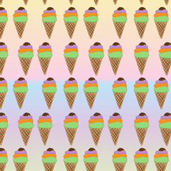 Seamless pattern ice cream with four balls for every taste: pistachio, orange, blueberry, chocolate. Hot weather, tasty and sweet food for the summer. Colorful background, vector illustration, set