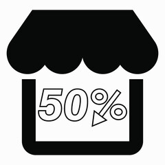 Supermarket 50% discount. Store building and percentage discount. Price drop. Sale at the supermarket. Vector icon