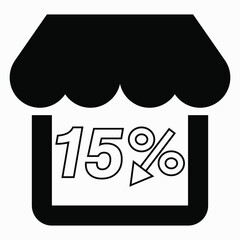Supermarket 15% discount. Store building and percentage discount. Price drop. Sale at the supermarket. Vector icon