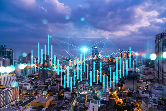 FOREX graph hologram, aerial night panoramic cityscape of Bangkok, the developed location for stock market researchers in Asia. The concept of fundamental analysis. Double exposure.