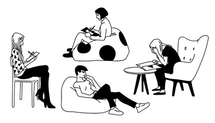 Set of women sitting in different poses. Concept. Monochrome vector illustration of women doing various things sitting in simple line art style. Hand drawn sketch isolated on white background.