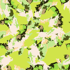 Forest camouflage of various shades of green, brown, white and beige colors