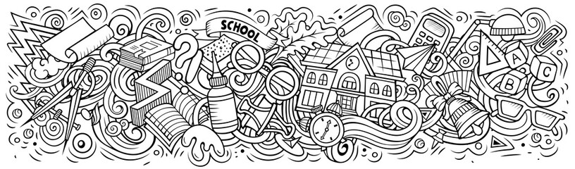 Cartoon cute doodles School banner design. Colorful illustration