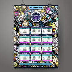 Cartoon colorful hand drawn doodles Space 2021 year calendar template.