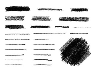 Collection of black chalk ink brush strokes. Isolated design elements on white background.