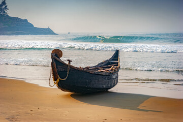 A traditional fishing boat at Kovalam coast in Kerala