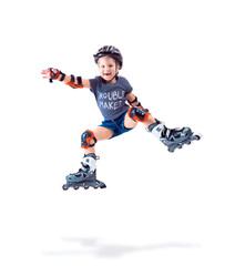 Five year old girl performs a roller skate trick