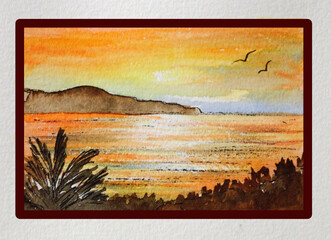 watercolor abstract blurred multicolor drawing sea sunset on textured paper